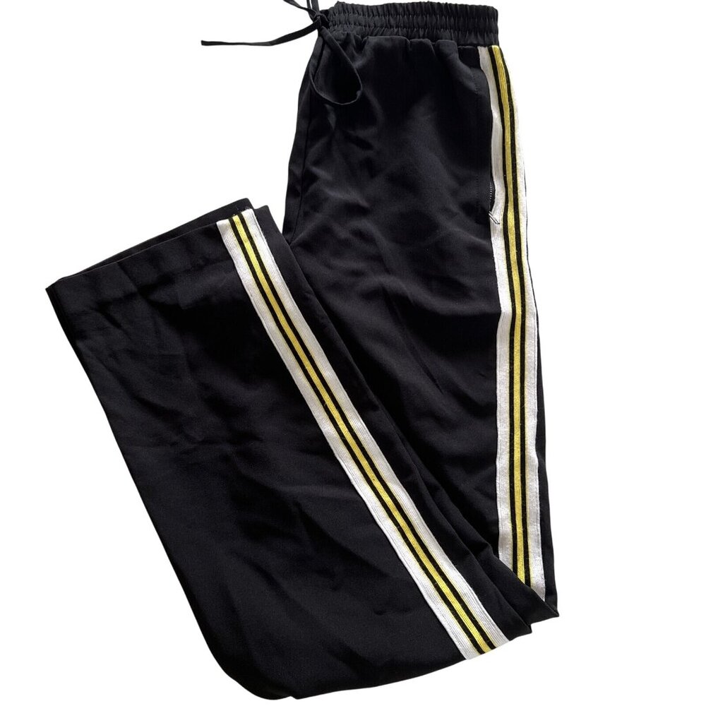 Forever 21 Black Athletic Pants/Yellow & White Stripes Elastic Waistband XS